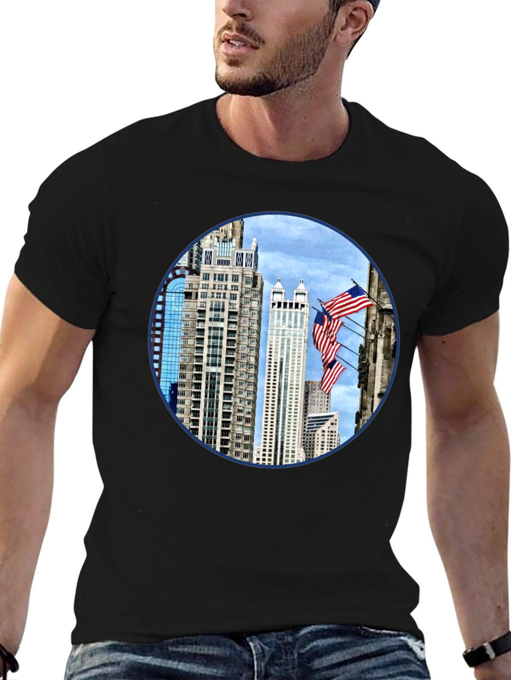 Cityscape American Flag Mens Graphic Tee