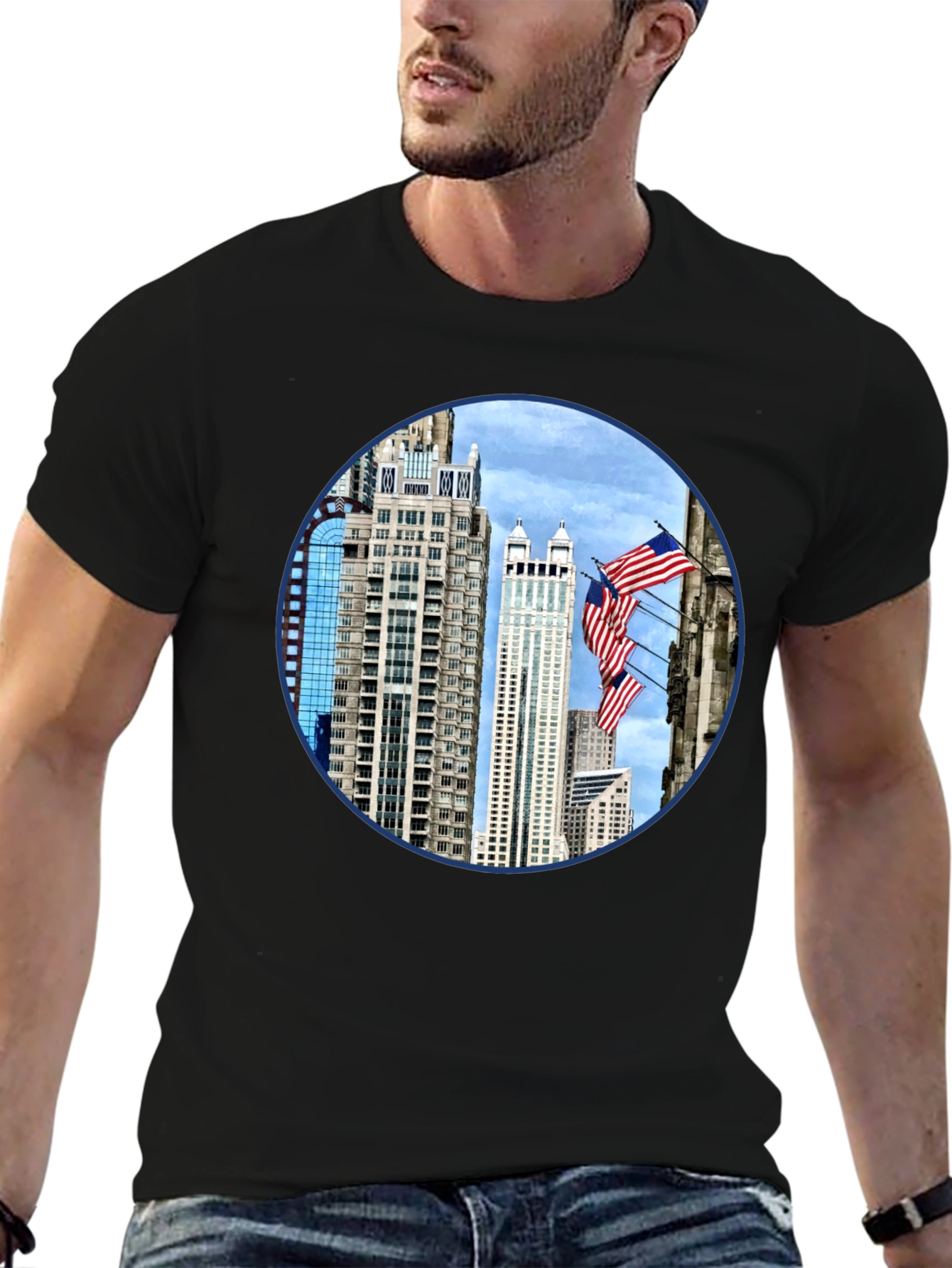 Cityscape American Flag Mens Graphic Tee