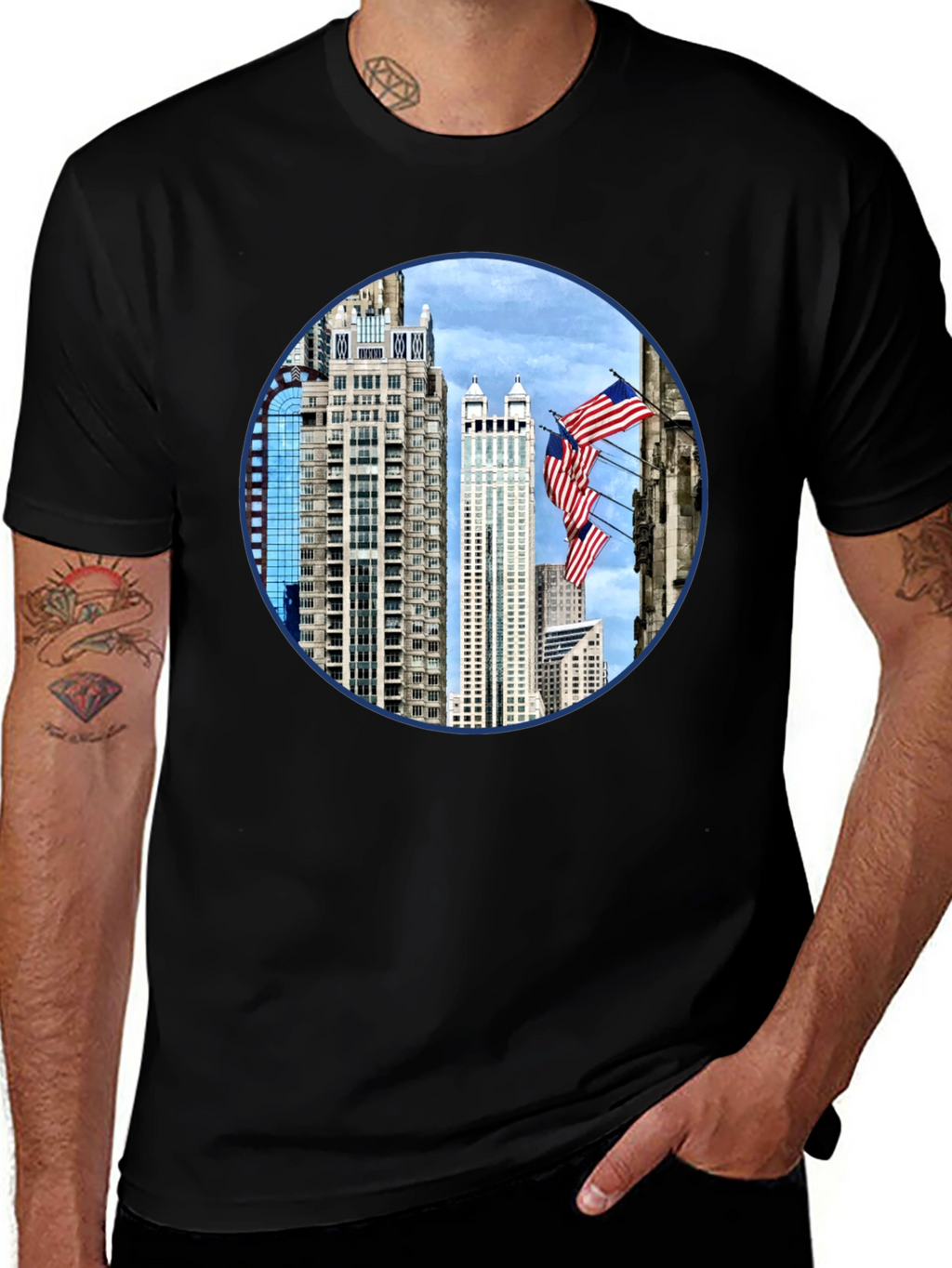 Cityscape American Flag Mens Graphic Tee