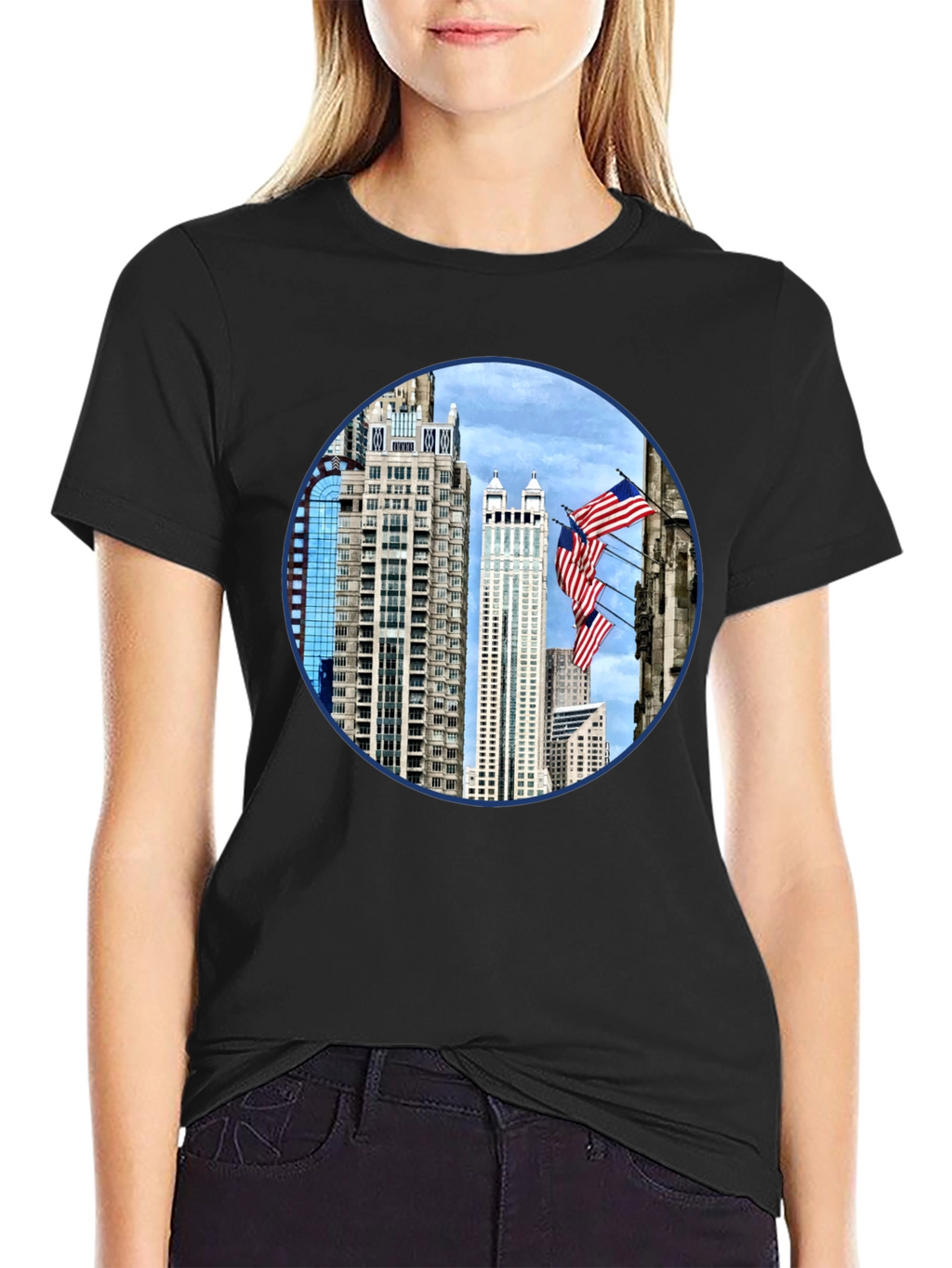Cityscape American Flag Mens Graphic Tee