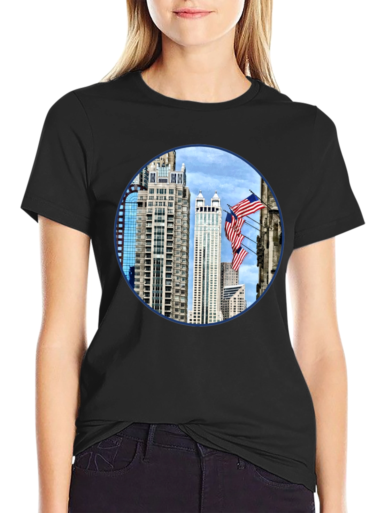 Cityscape American Flag Mens Graphic Tee
