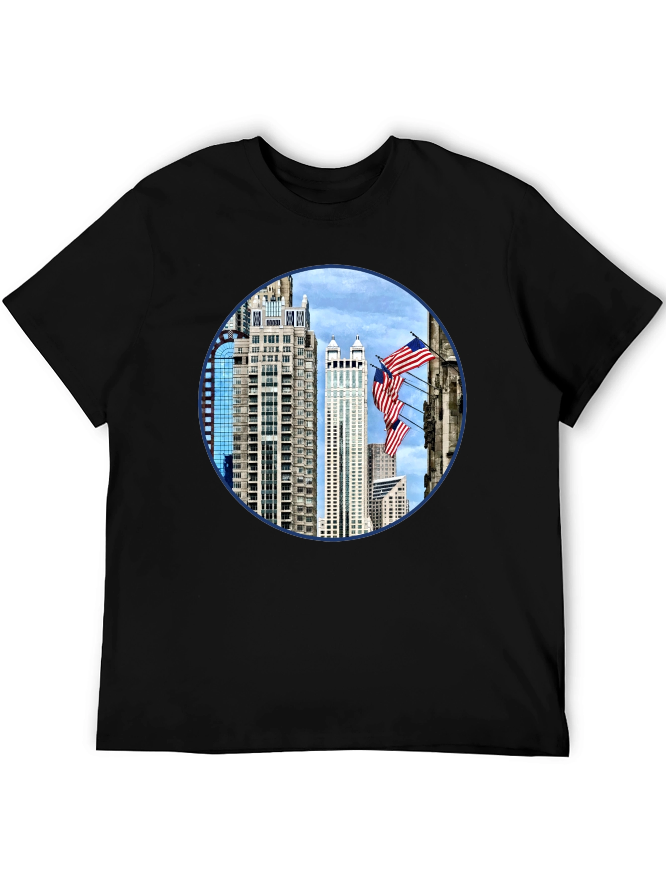 Cityscape American Flag Mens Graphic Tee