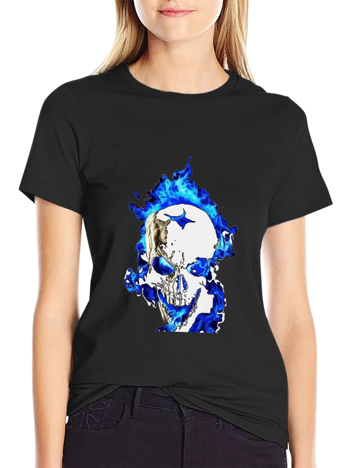 Blue Flame Skull Graphic T-Shirt - Black