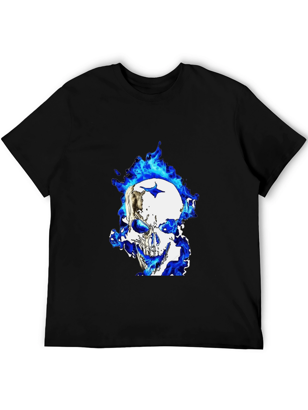 Blue Flame Skull Graphic T-Shirt - Black