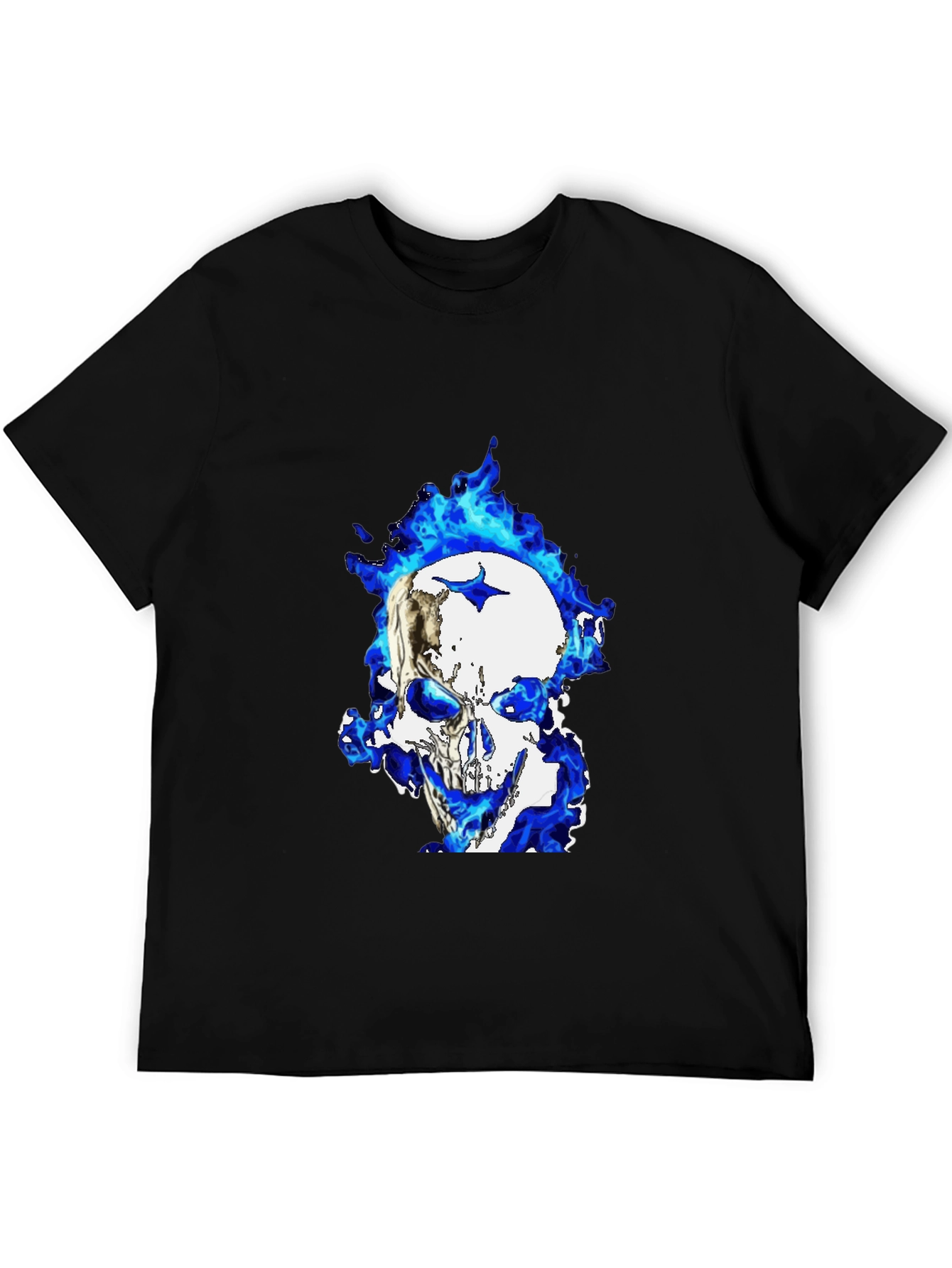 Blue Flame Skull Graphic T-Shirt - Black