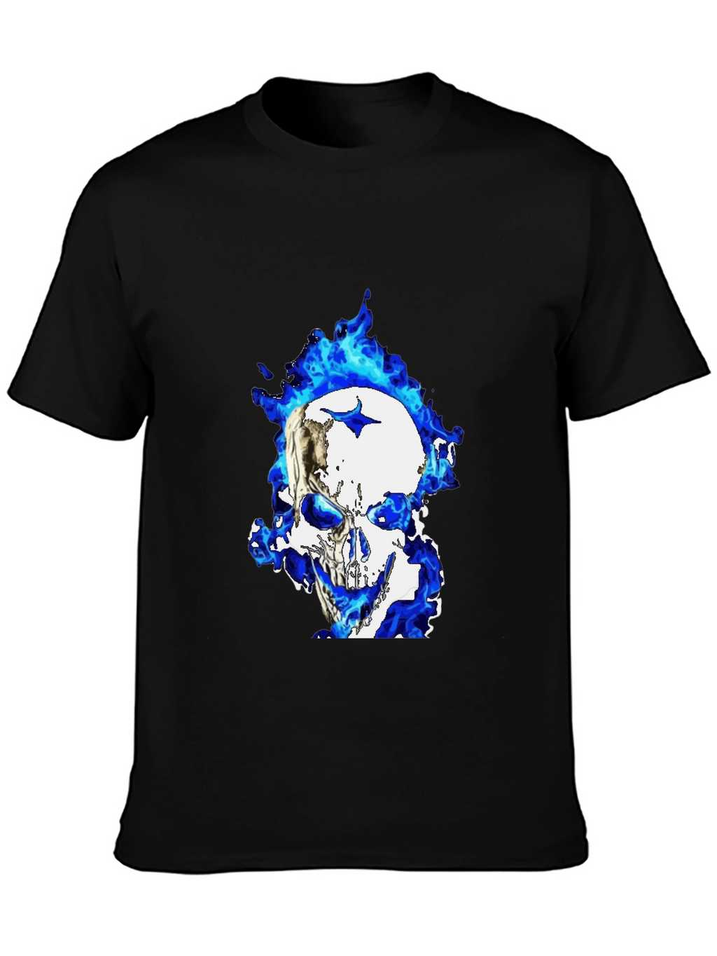 Blue Flame Skull Graphic T-Shirt - Black