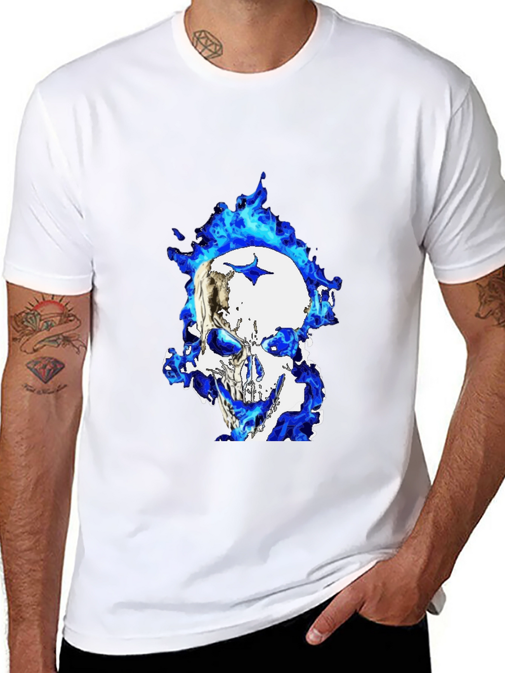 Blue Flame Skull Graphic T-Shirt - Black