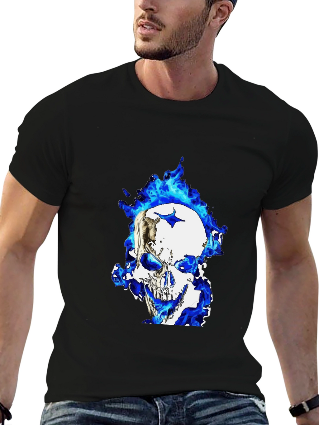 Blue Flame Skull Graphic T-Shirt - Black