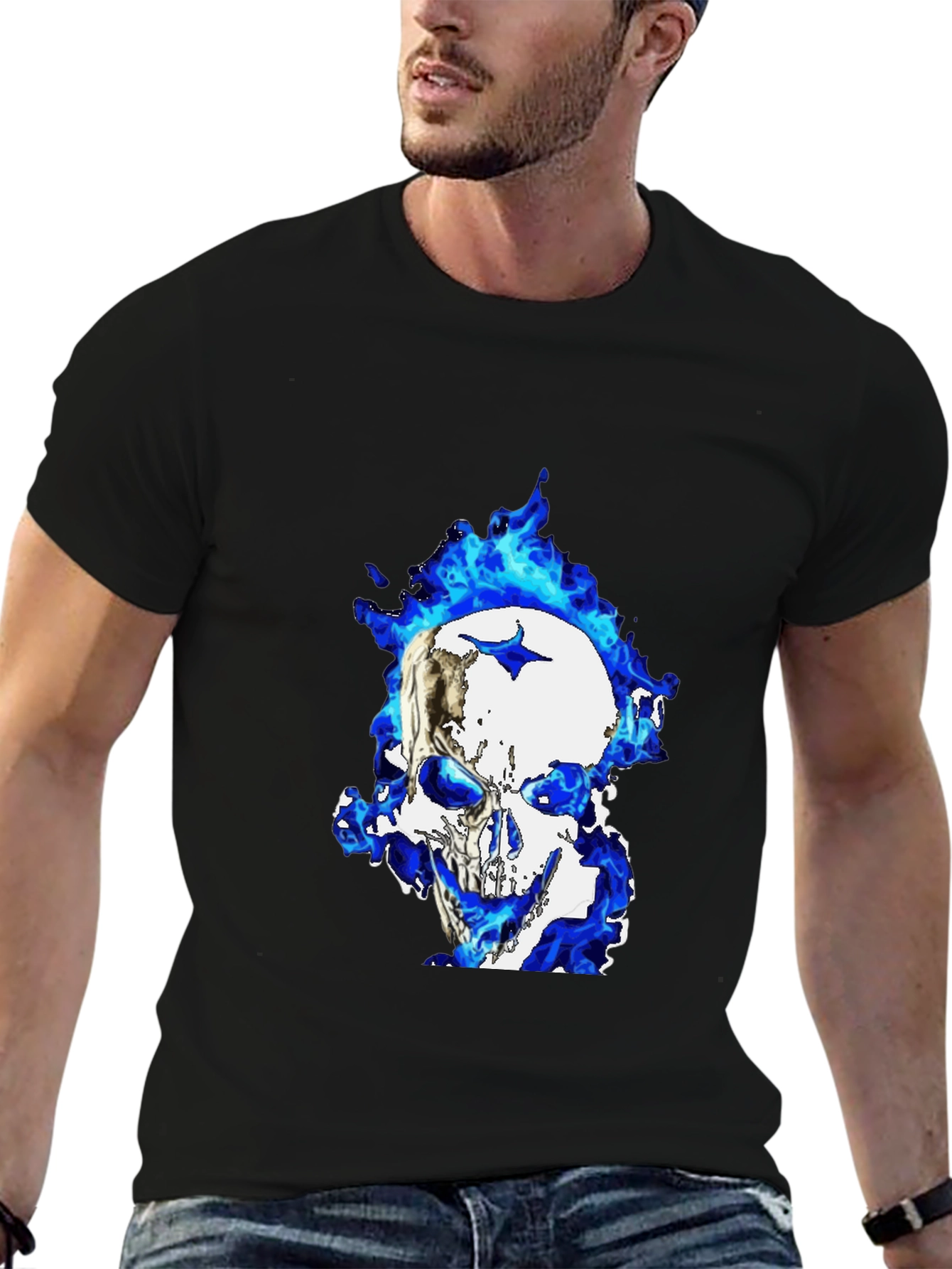 Blue Flame Skull Graphic T-Shirt - Black