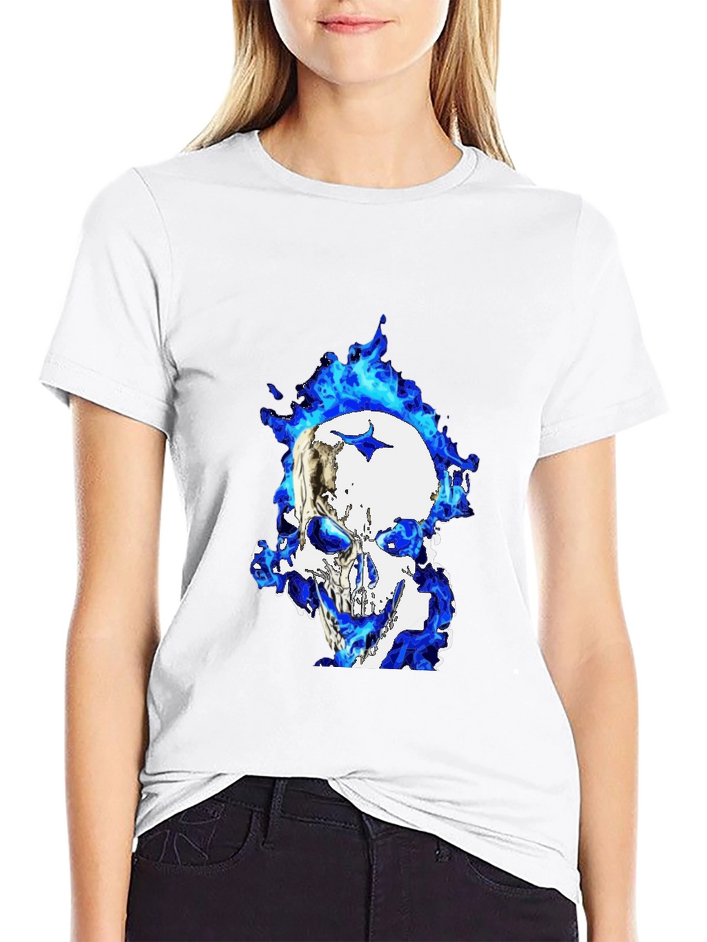 Blue Flame Skull Graphic T-Shirt - Black