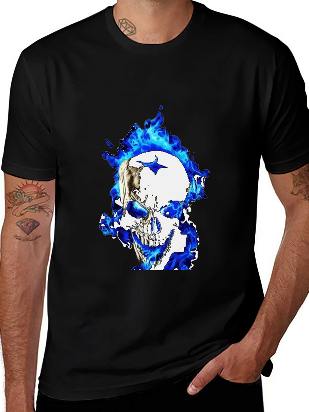 Blue Flame Skull Graphic T-Shirt - Black