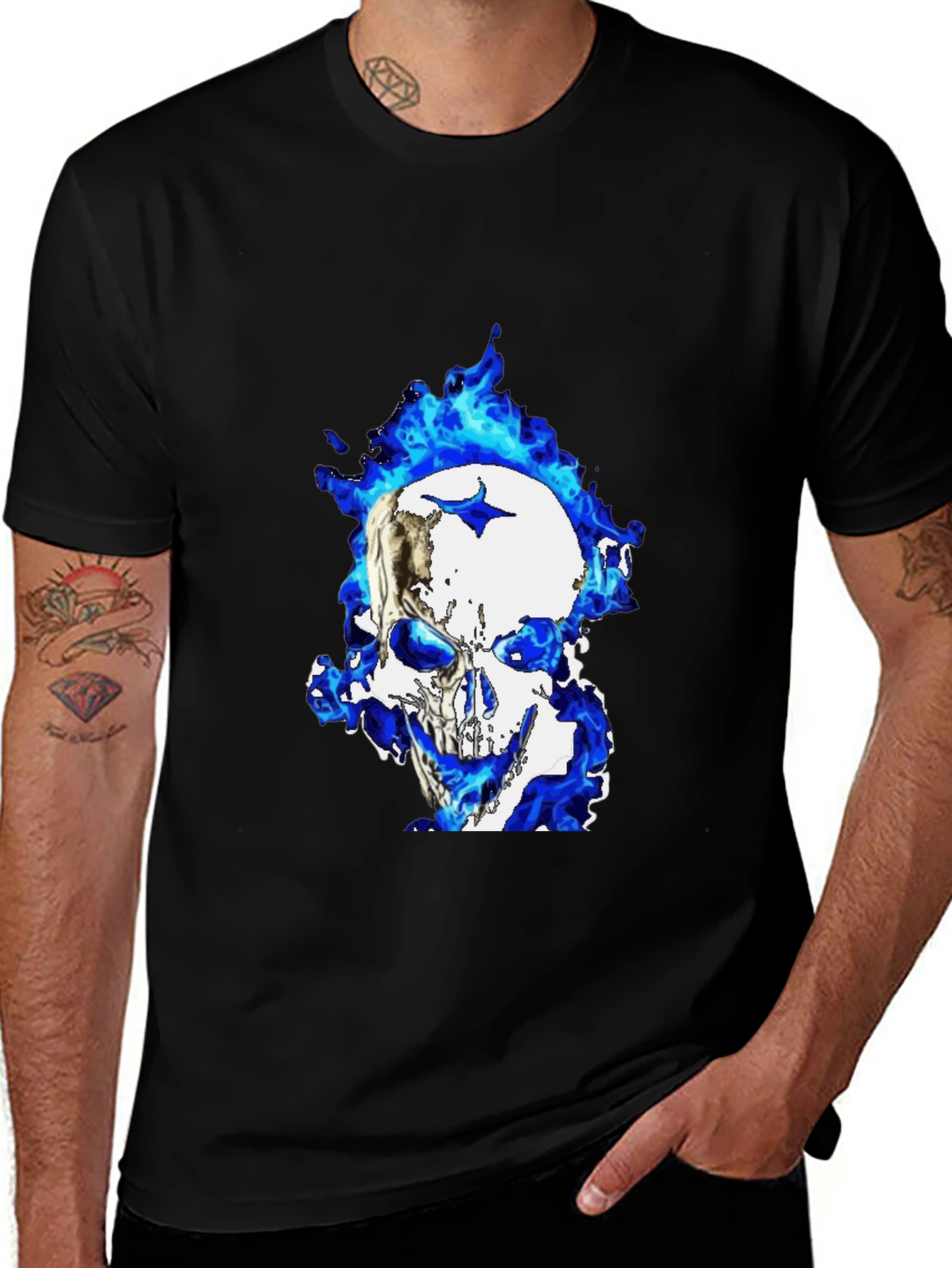 Blue Flame Skull Graphic T-Shirt - Black
