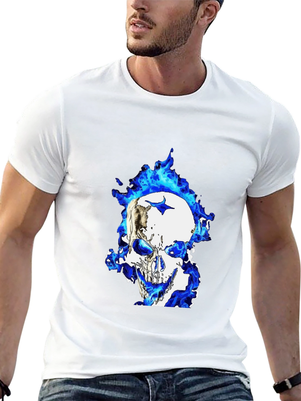 Blue Flame Skull Graphic T-Shirt - Black