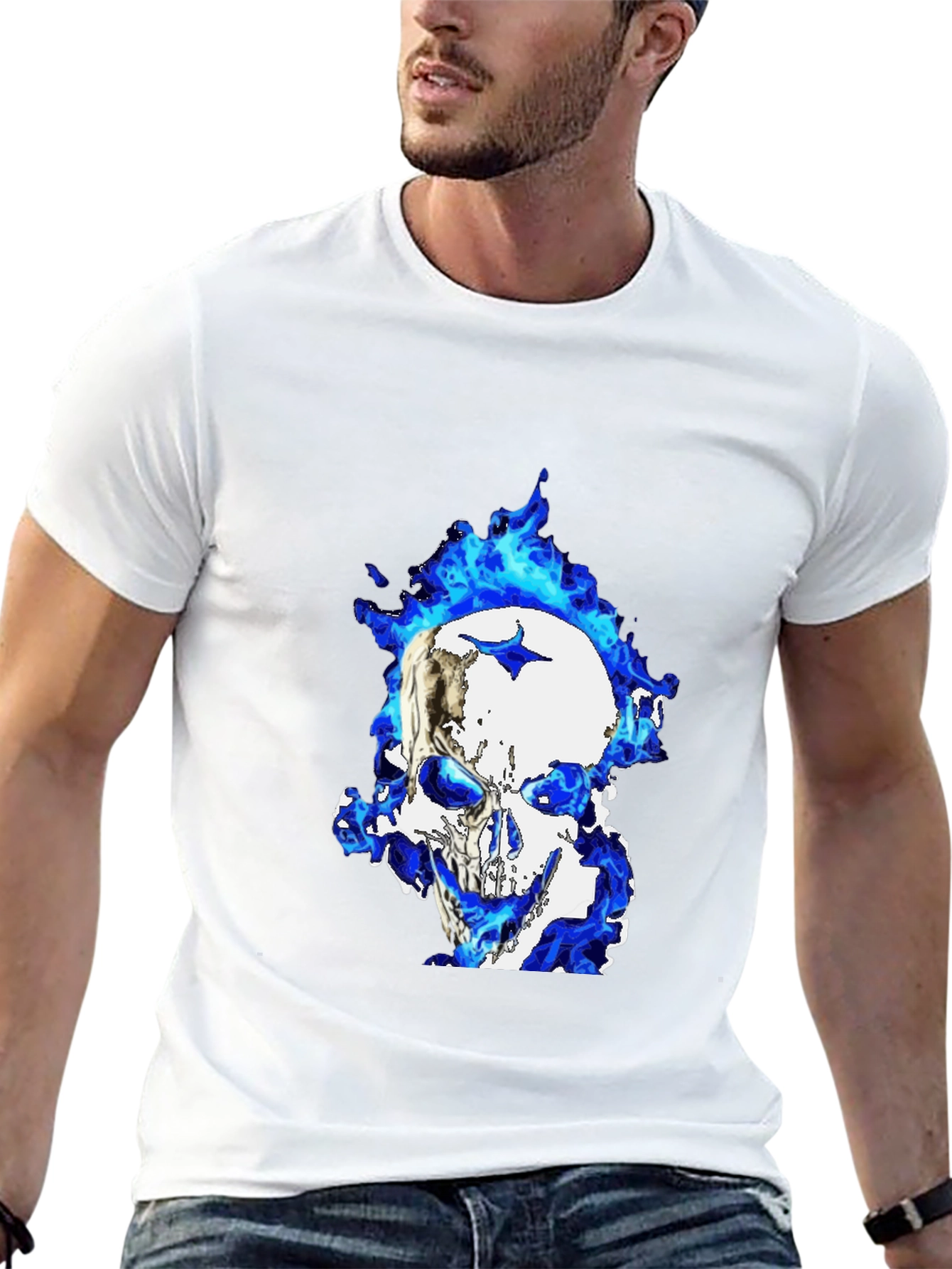 Blue Flame Skull Graphic T-Shirt - Black