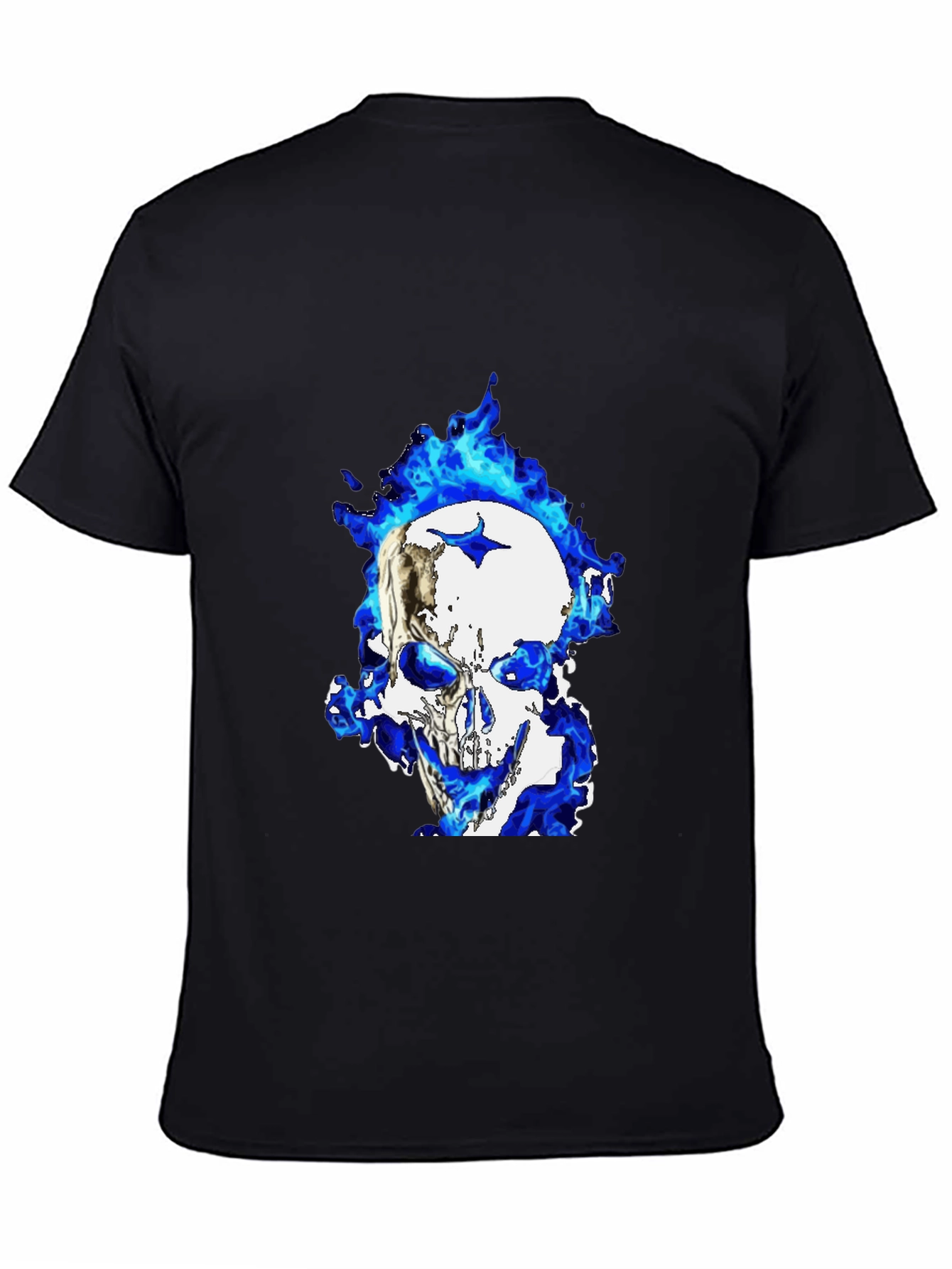 Blue Flame Skull Graphic T-Shirt - Black