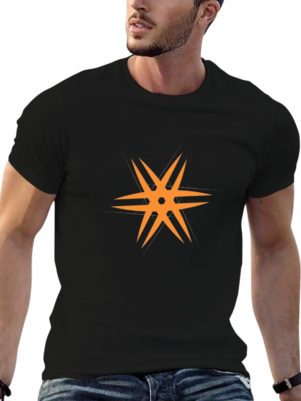 Modern Black T-Shirt with Orange Star Design