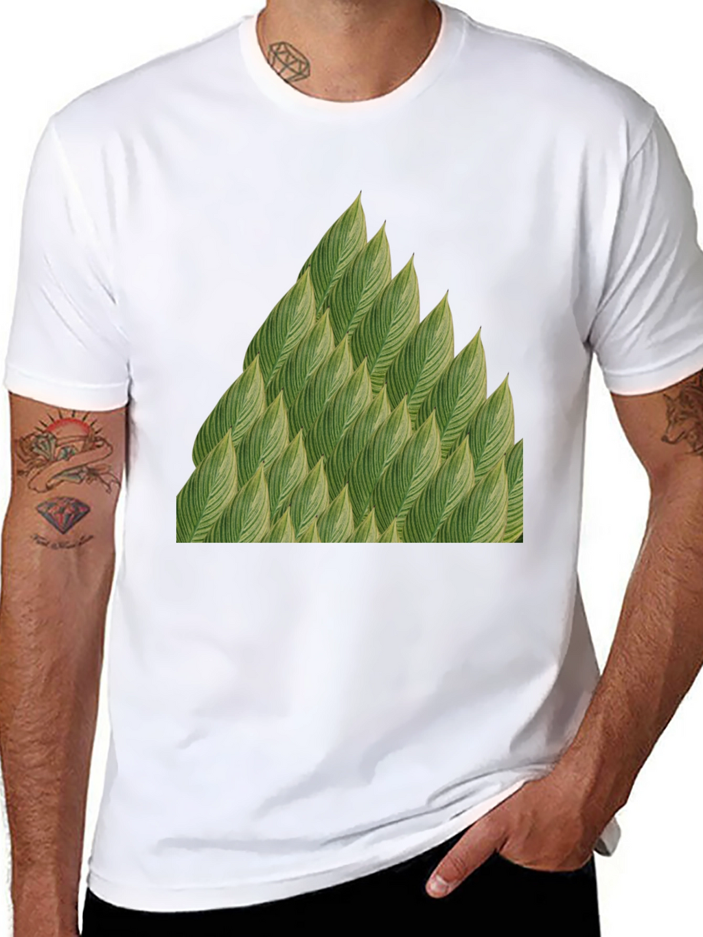 Green Leaves Pattern Black T-Shirt