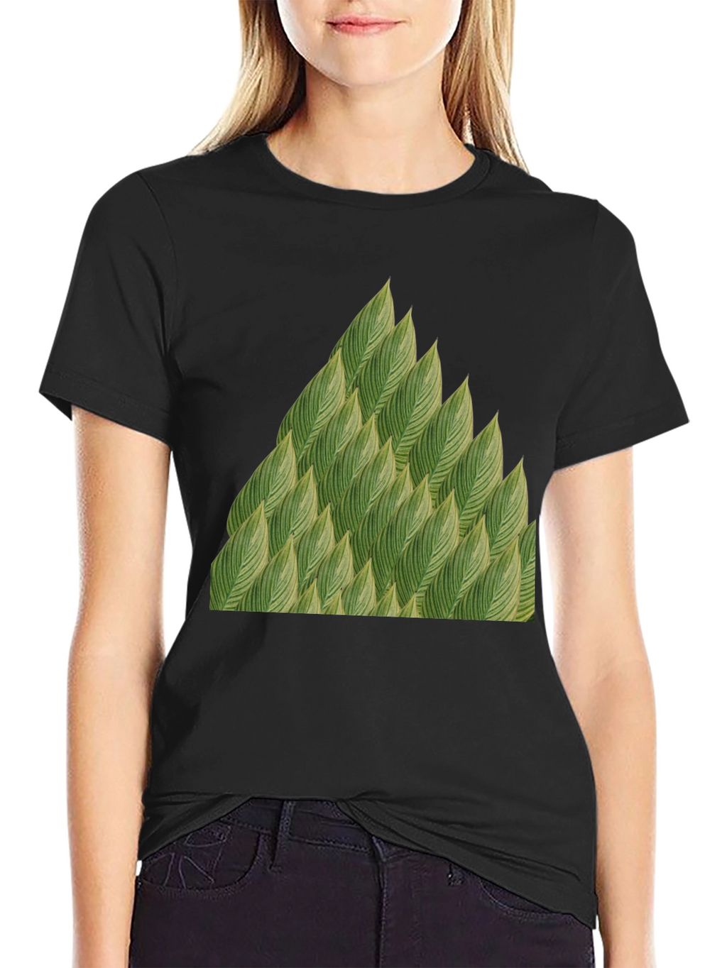 Green Leaves Pattern Black T-Shirt