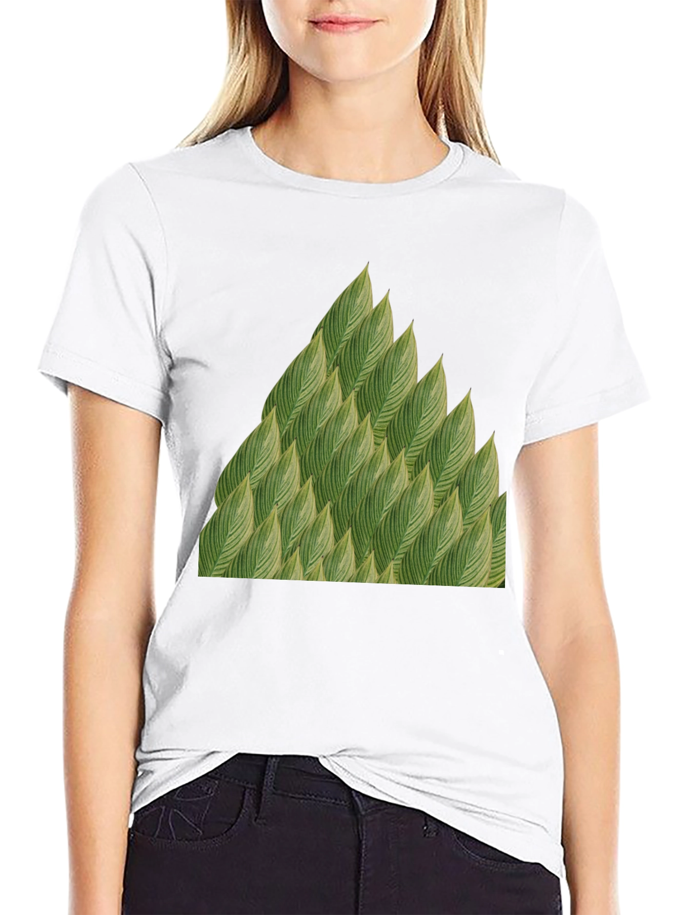 Green Leaves Pattern Black T-Shirt