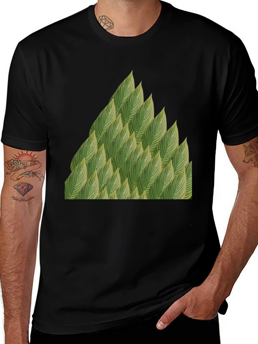 Green Leaves Pattern Black T-Shirt