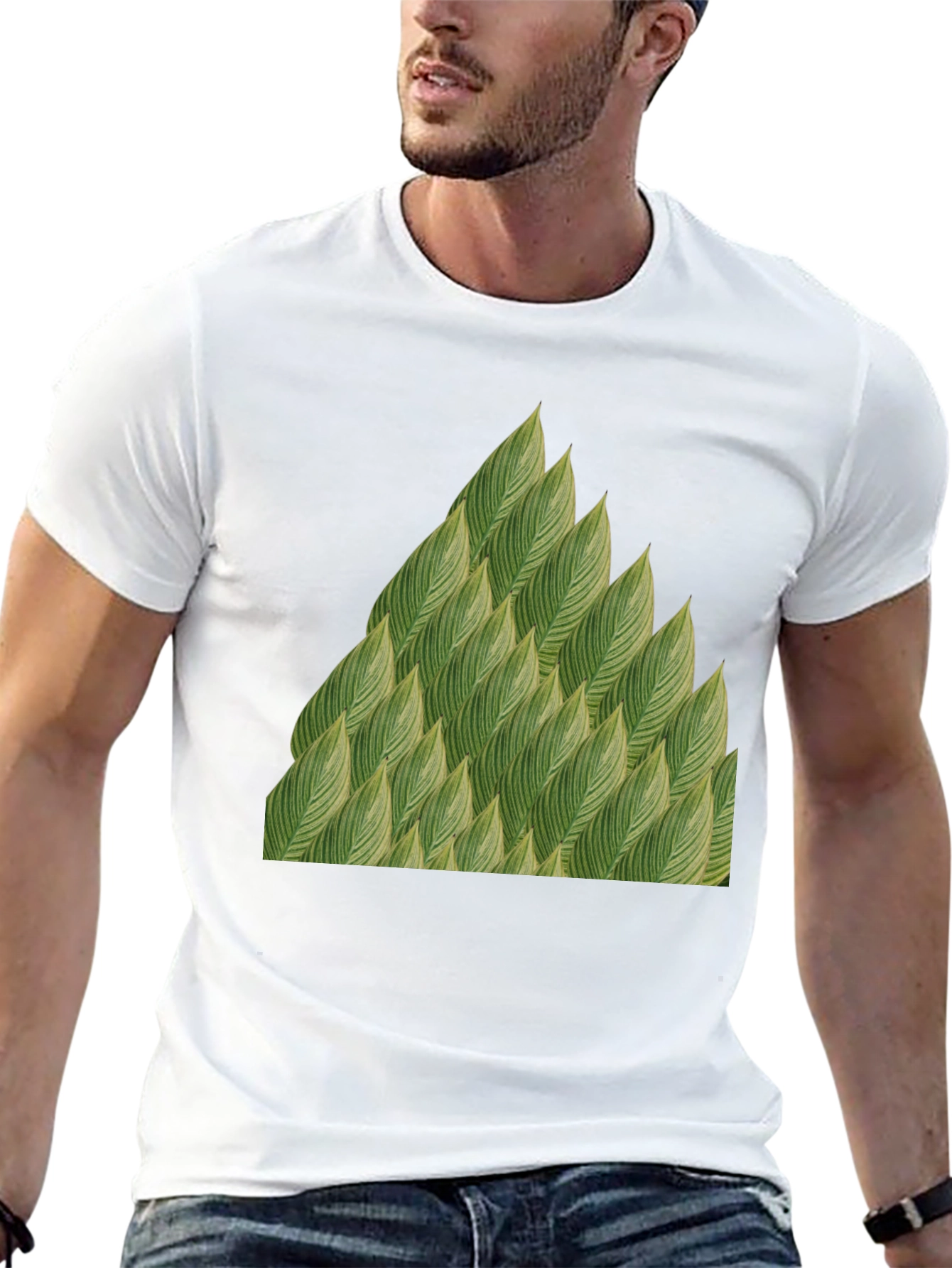 Green Leaves Pattern Black T-Shirt