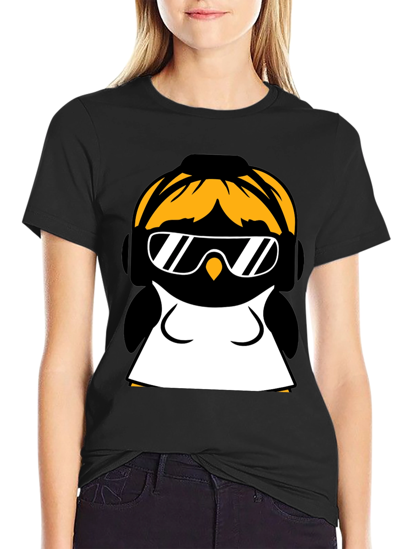 Cool Penguin Graphic Tee - Black Cotton Blend