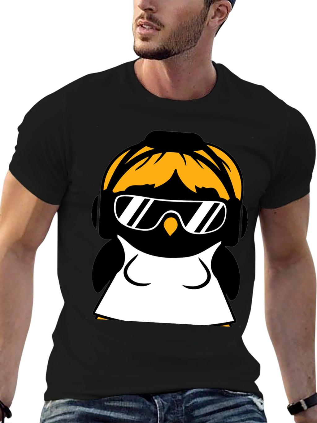 Cool Penguin Graphic Tee - Black Cotton Blend