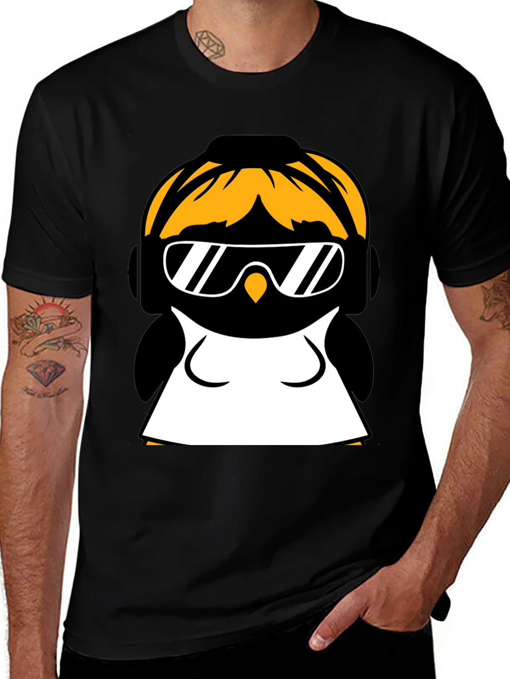 Cool Penguin Graphic Tee - Black Cotton Blend