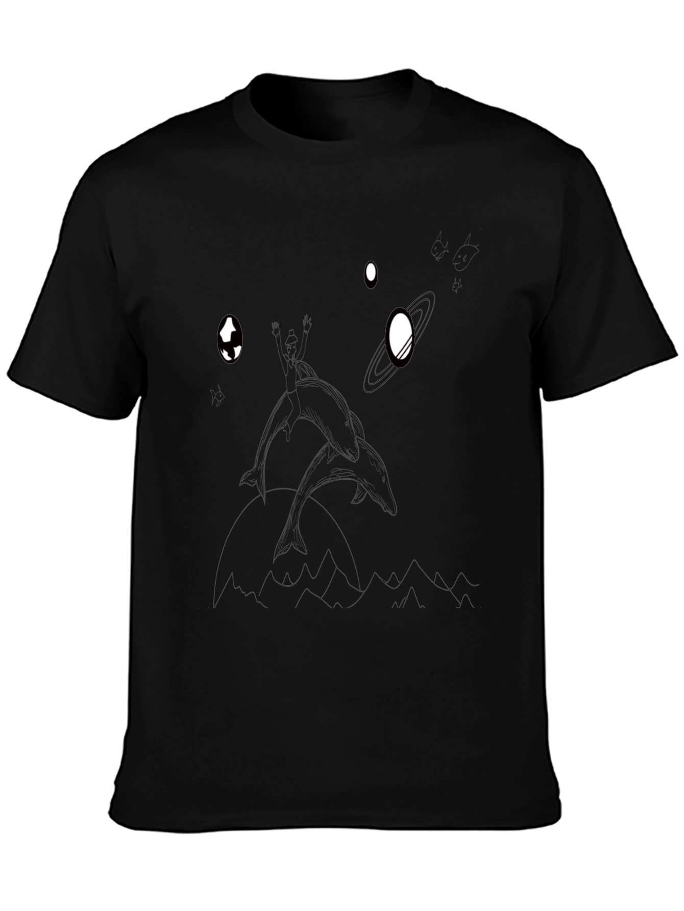 Dolphin in Space Graphic T-Shirt - Black Cotton Tee