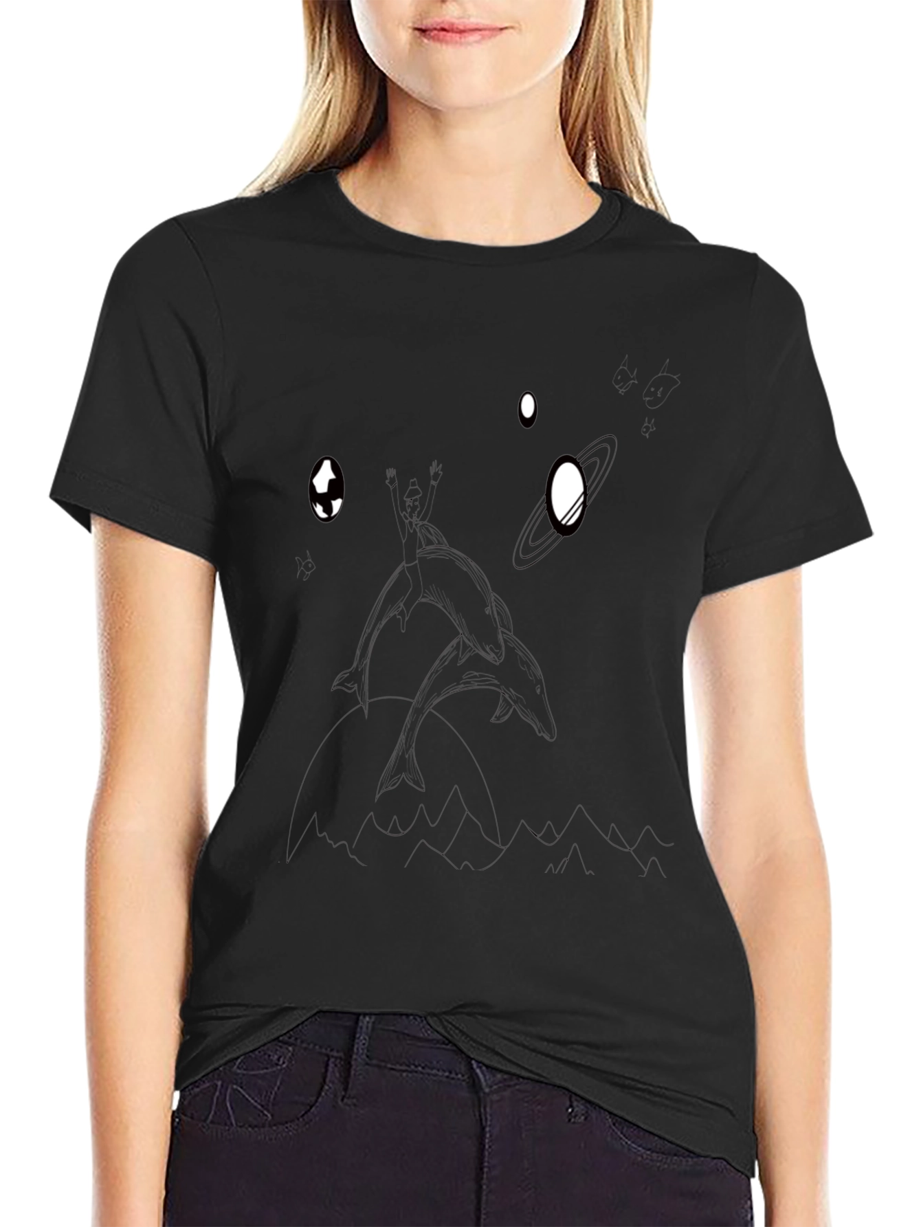 Dolphin in Space Graphic T-Shirt - Black Cotton Tee