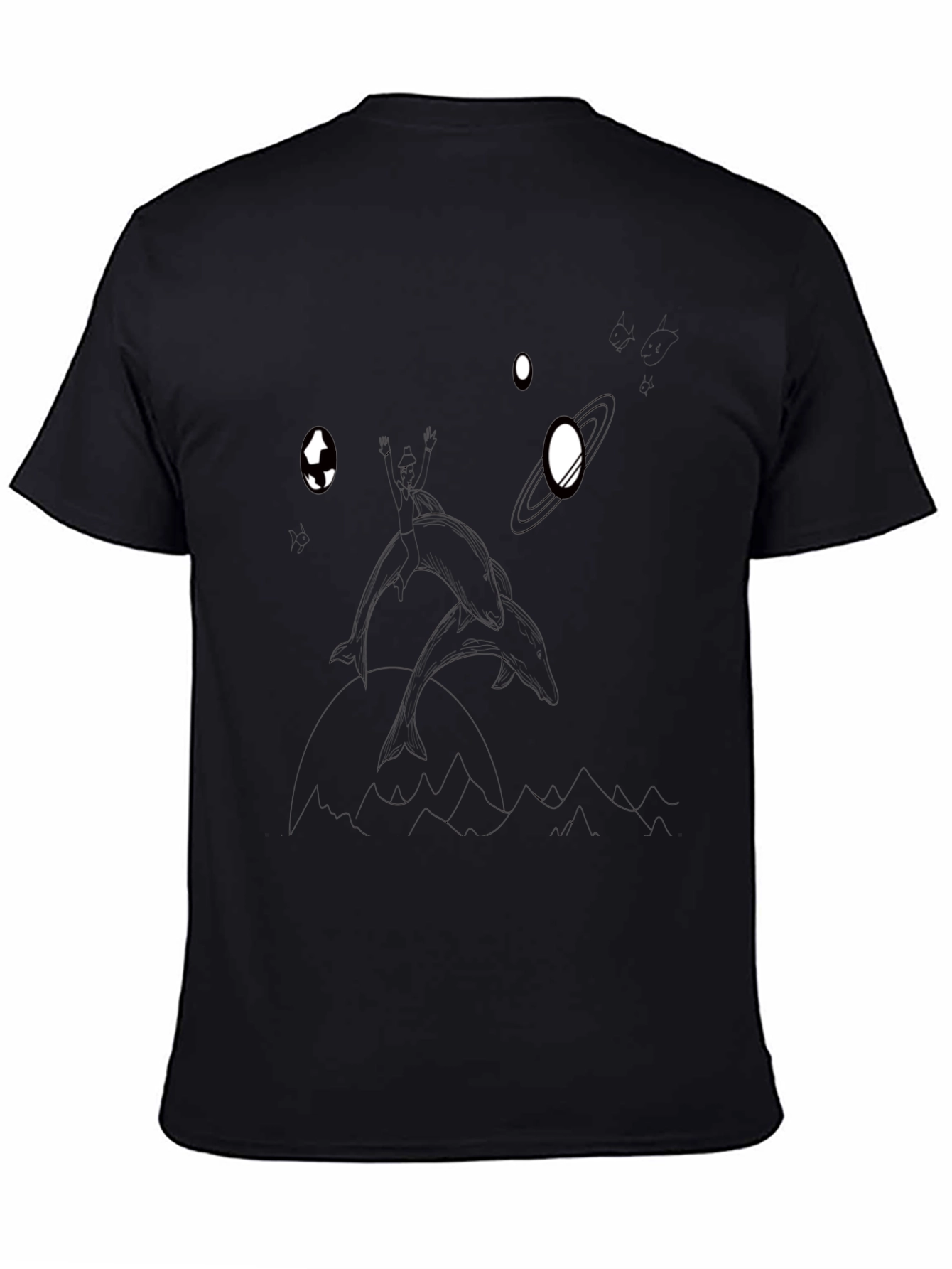 Dolphin in Space Graphic T-Shirt - Black Cotton Tee
