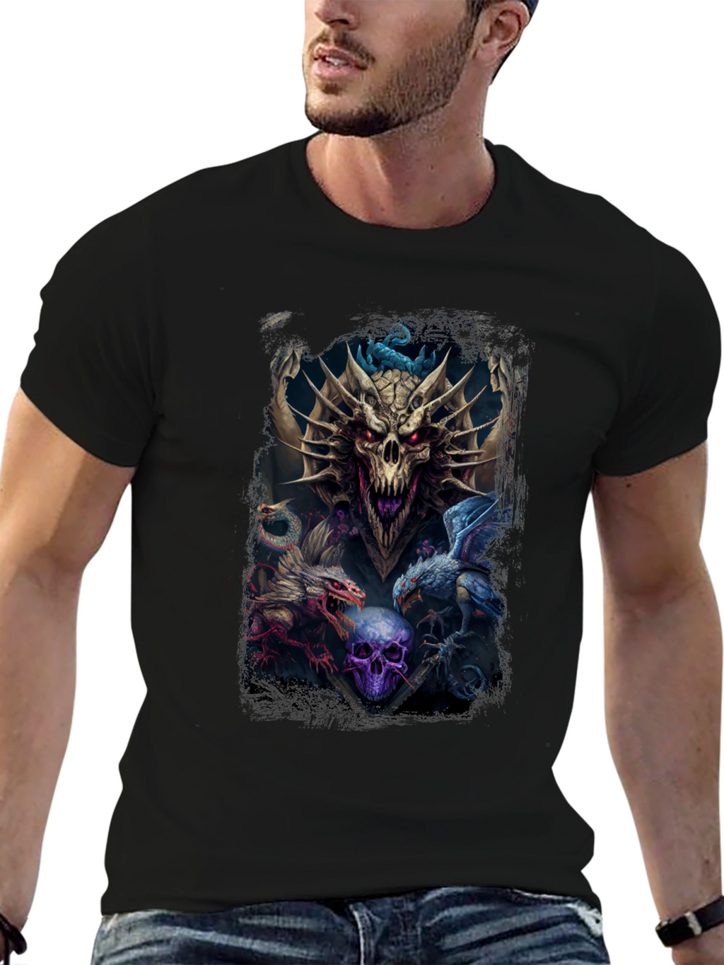 Dragon & Skull Graphic Tee - Dark Fantasy Style