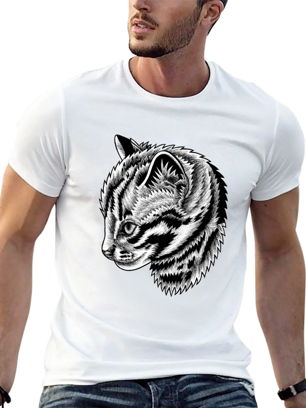 Black Graphic Tee with Cat Design