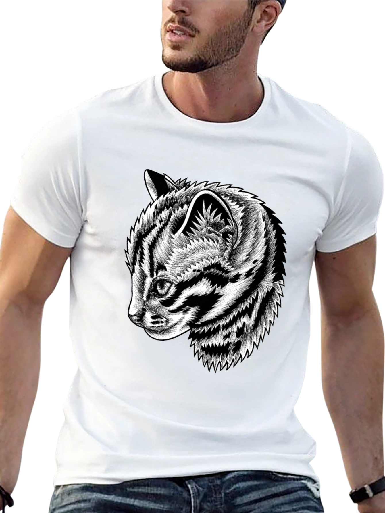 Black Graphic Tee with Cat Design