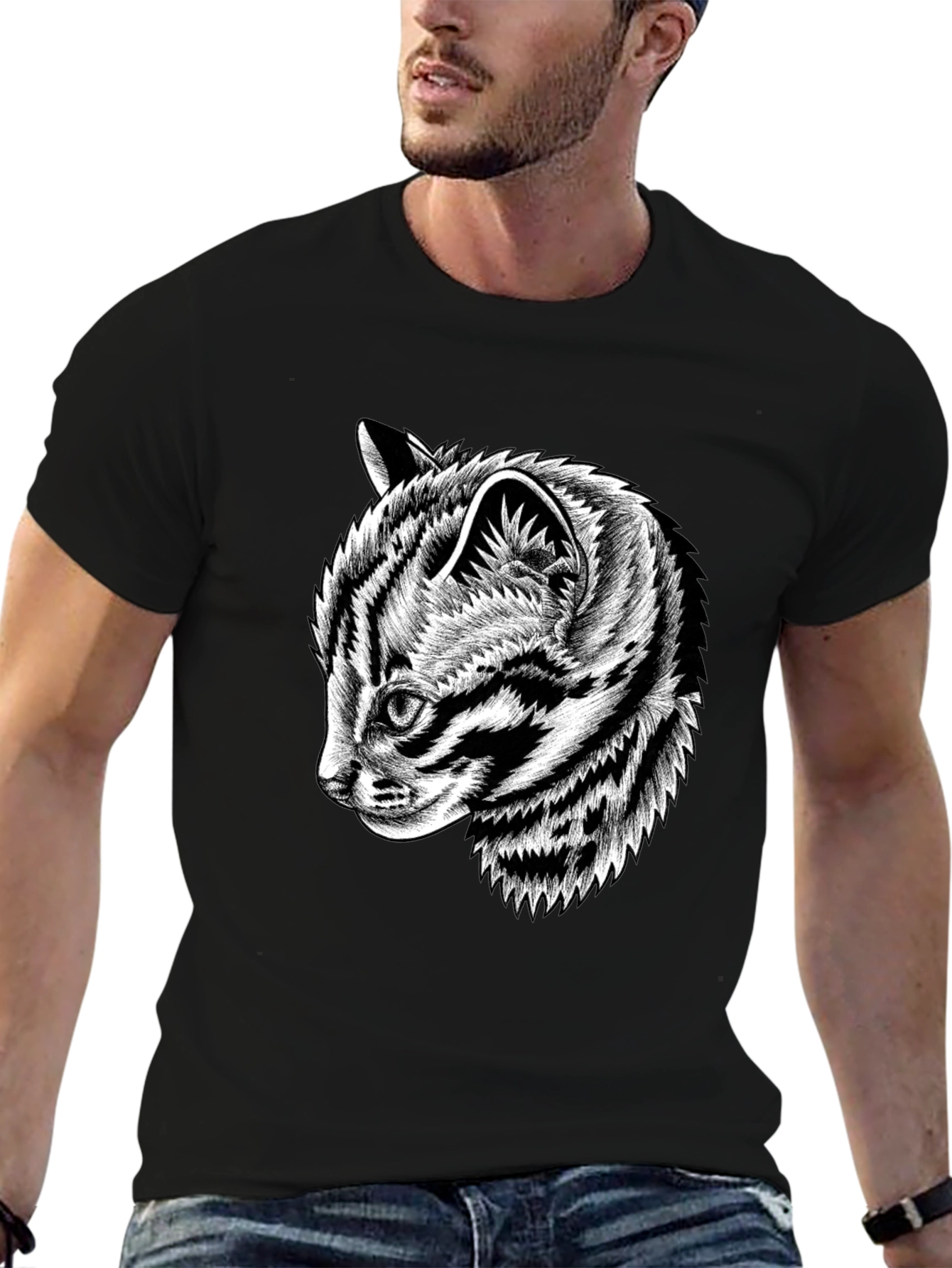 Black Graphic Tee with Cat Design