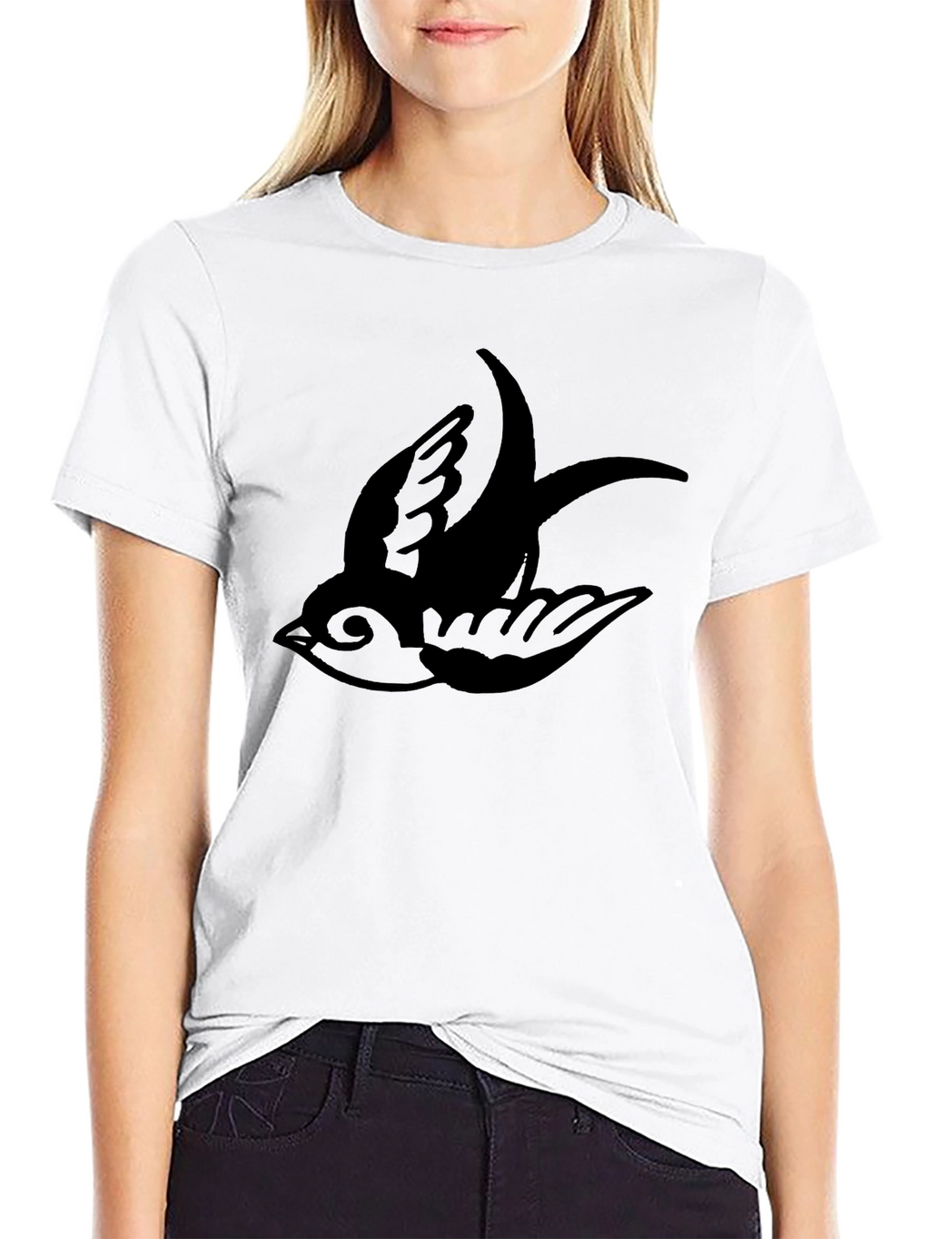 Mens Black T-Shirt with Swallow Bird Print