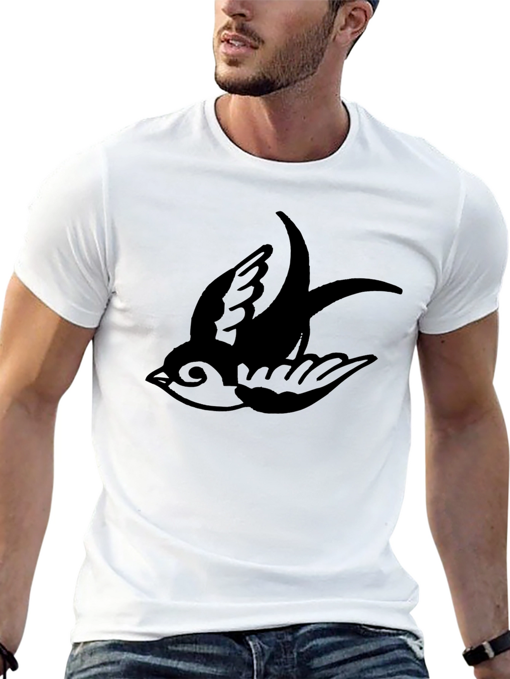 Mens Black T-Shirt with Swallow Bird Print