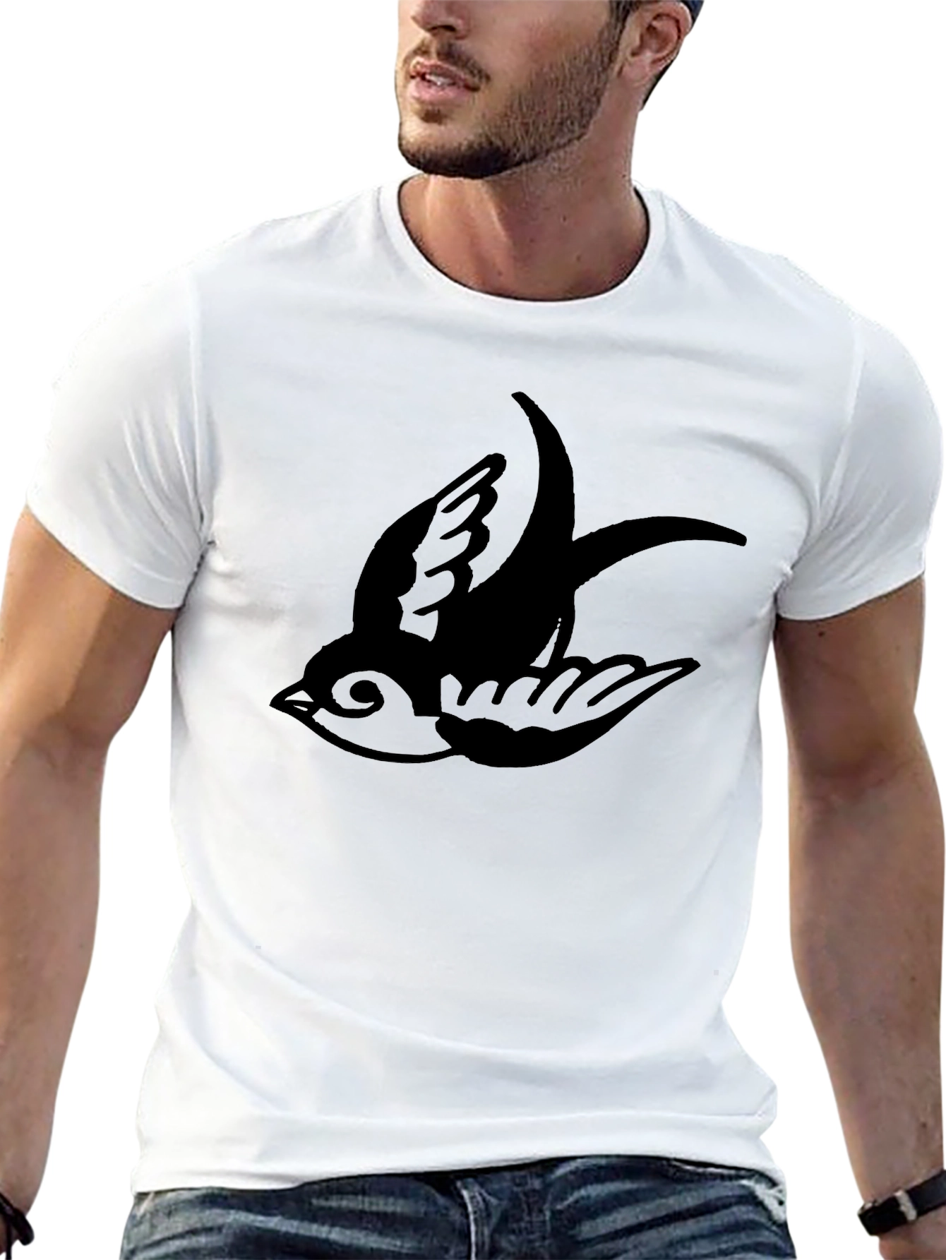 Mens Black T-Shirt with Swallow Bird Print