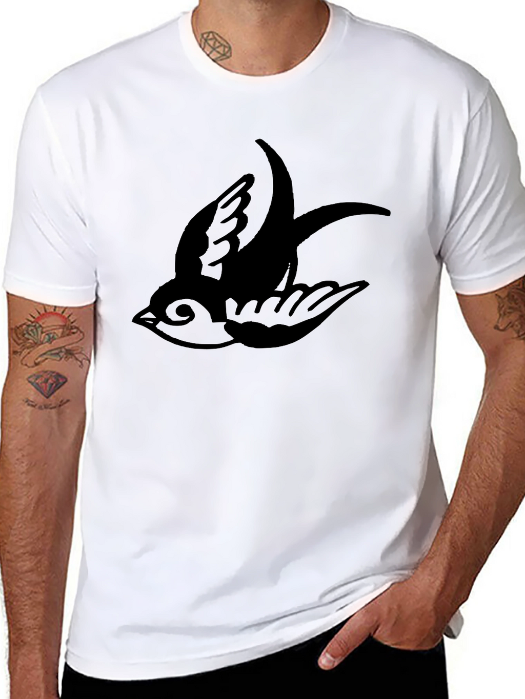 Mens Black T-Shirt with Swallow Bird Print