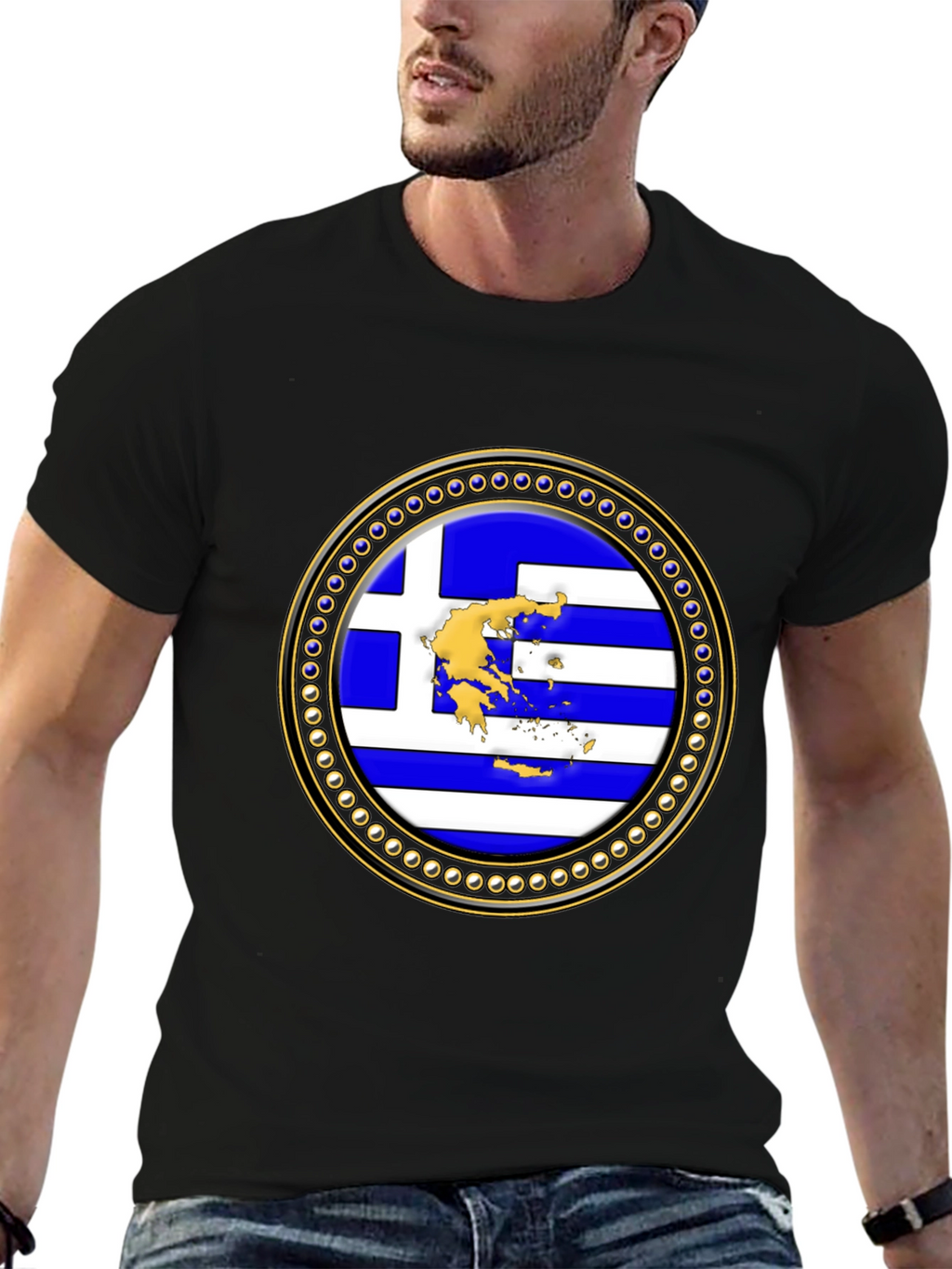 Greece Flag Emblem Black T-Shirt