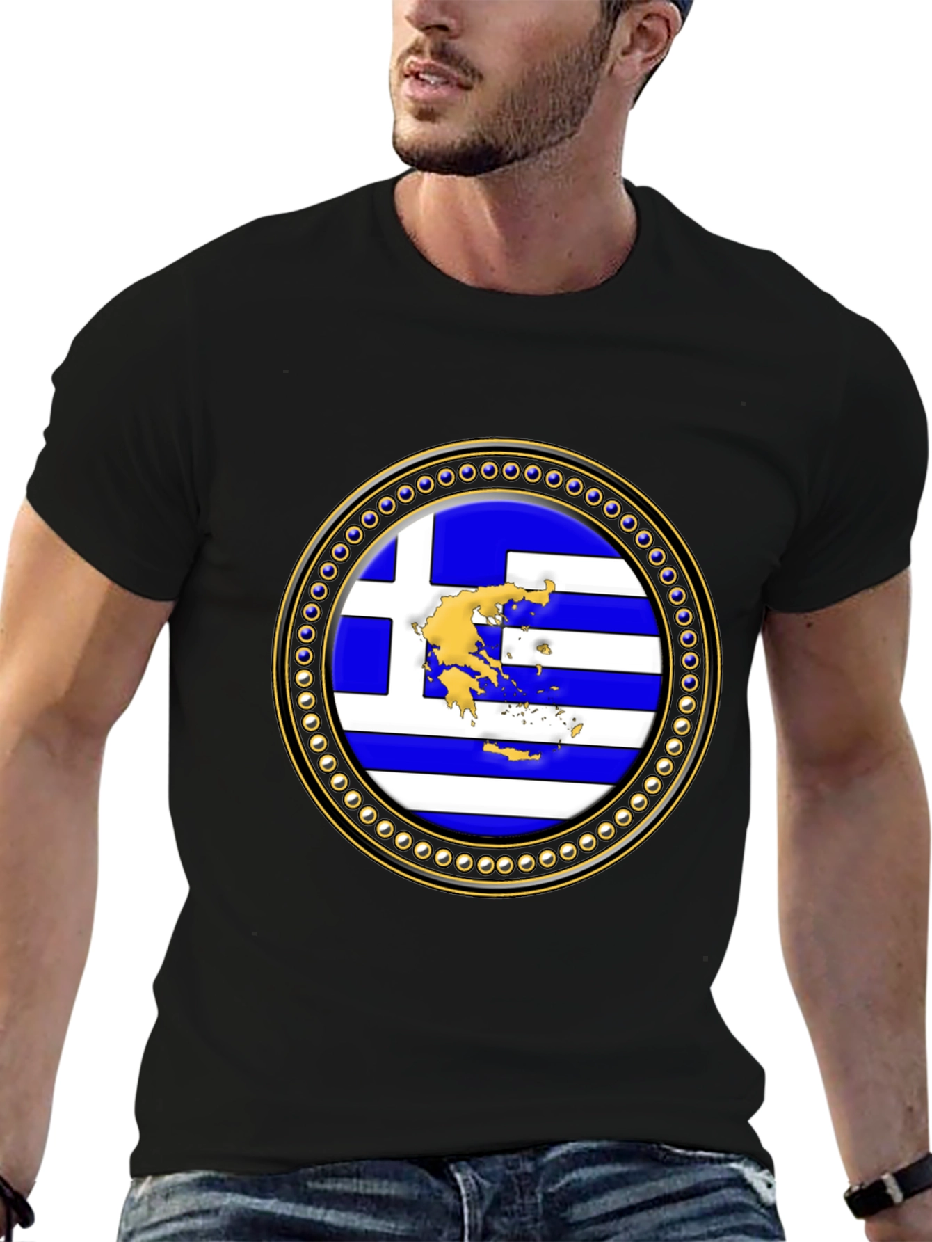 Greece Flag Emblem Black T-Shirt