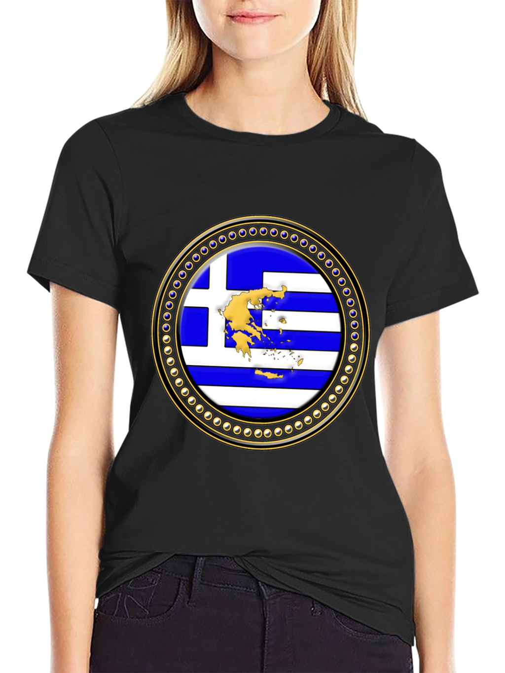 Greece Flag Emblem Black T-Shirt