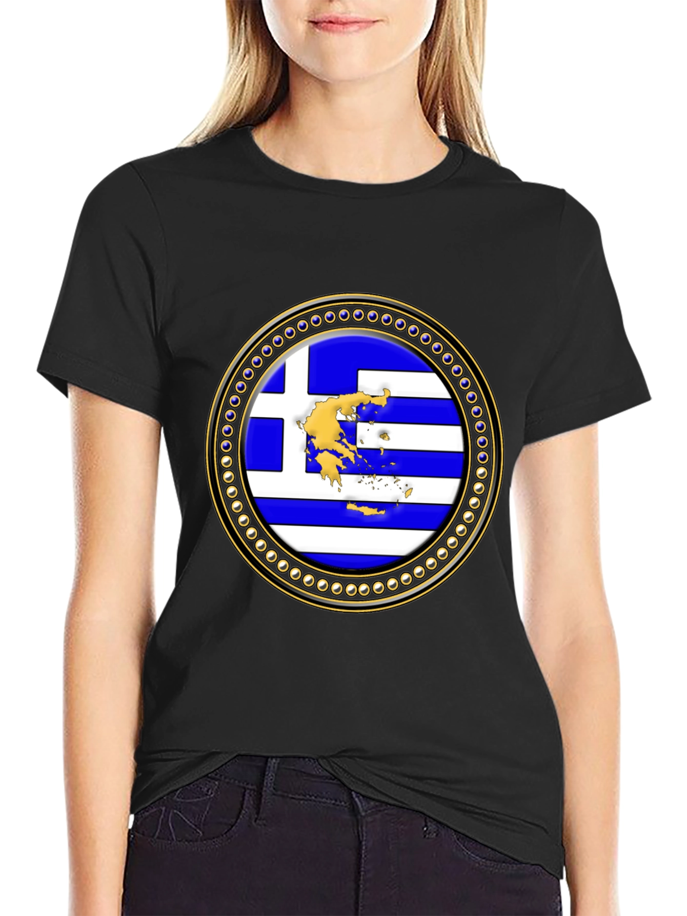 Greece Flag Emblem Black T-Shirt