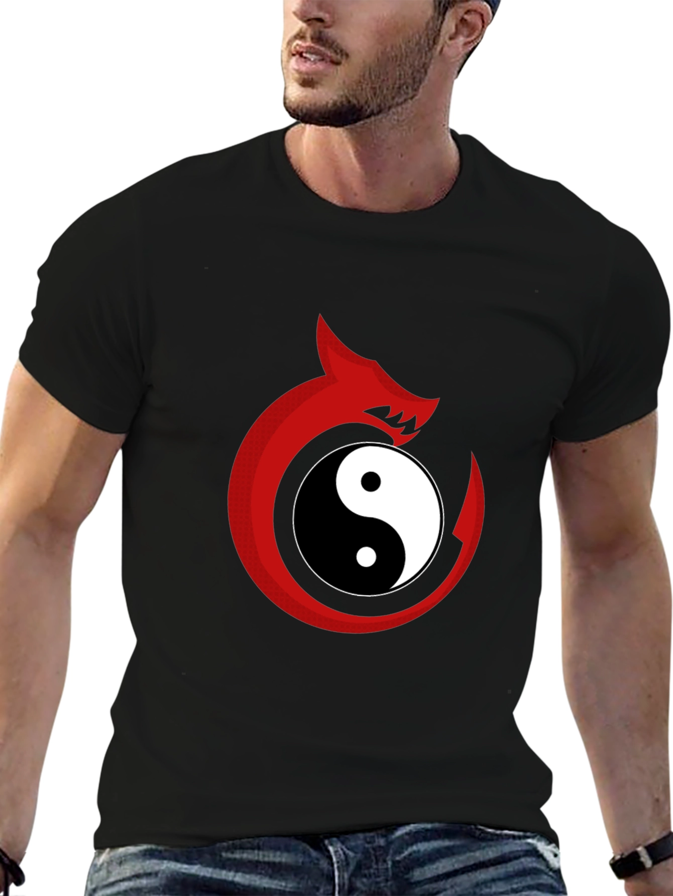 Yin Yang Dragon Graphic Tee - Black Cotton Blend