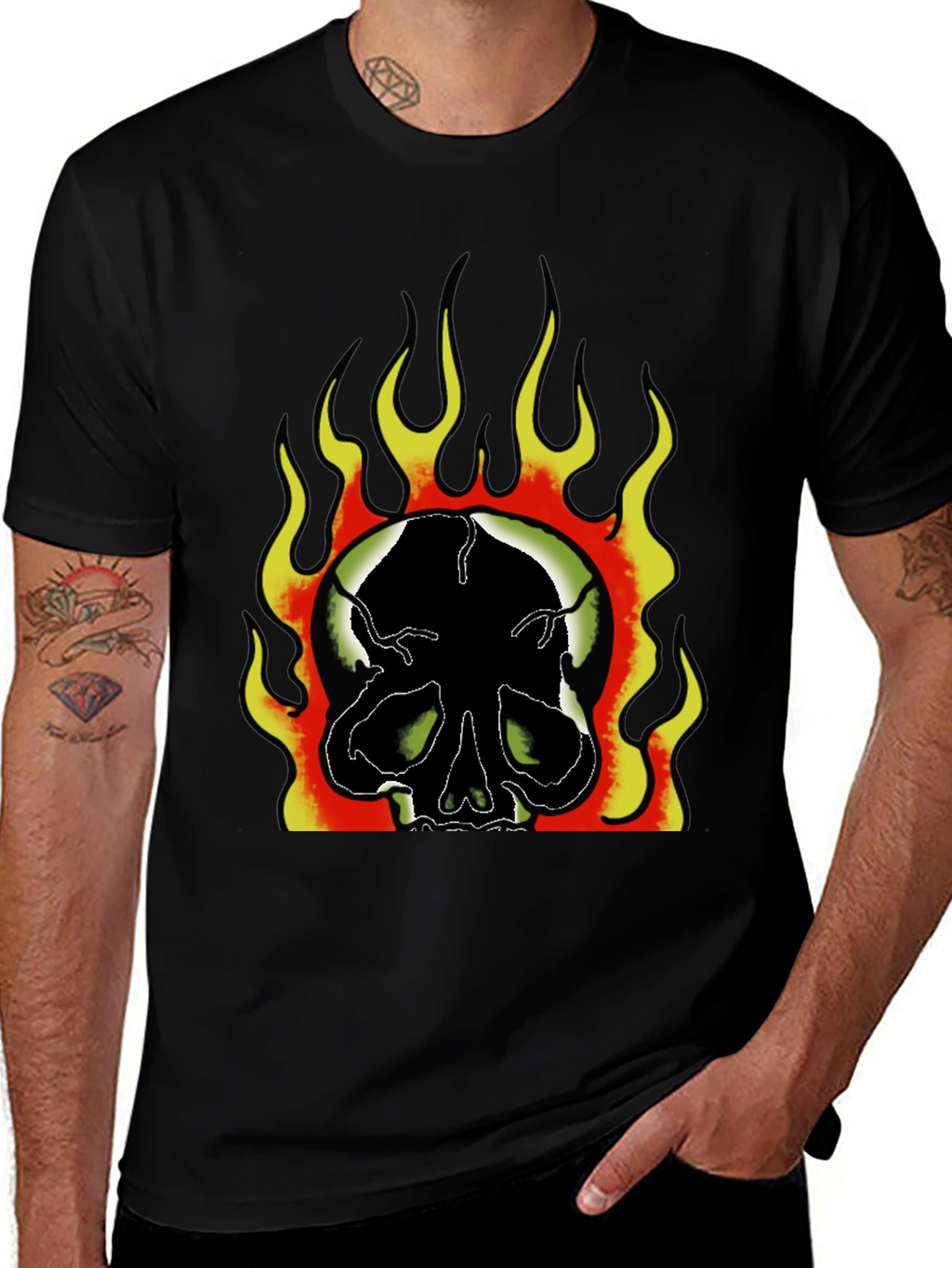 Flaming Skull Graphic Print Mens Black T-Shirt