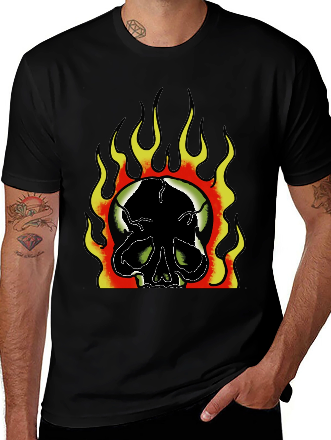 Flaming Skull Graphic Print Mens Black T-Shirt