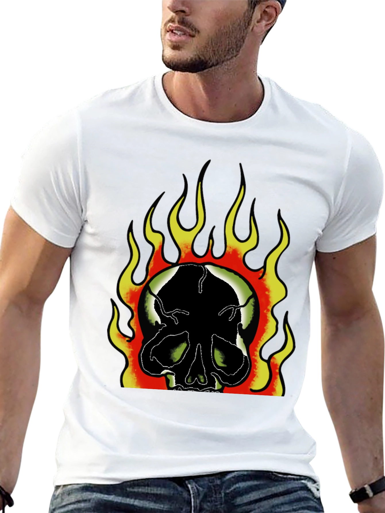 Flaming Skull Graphic Print Mens Black T-Shirt
