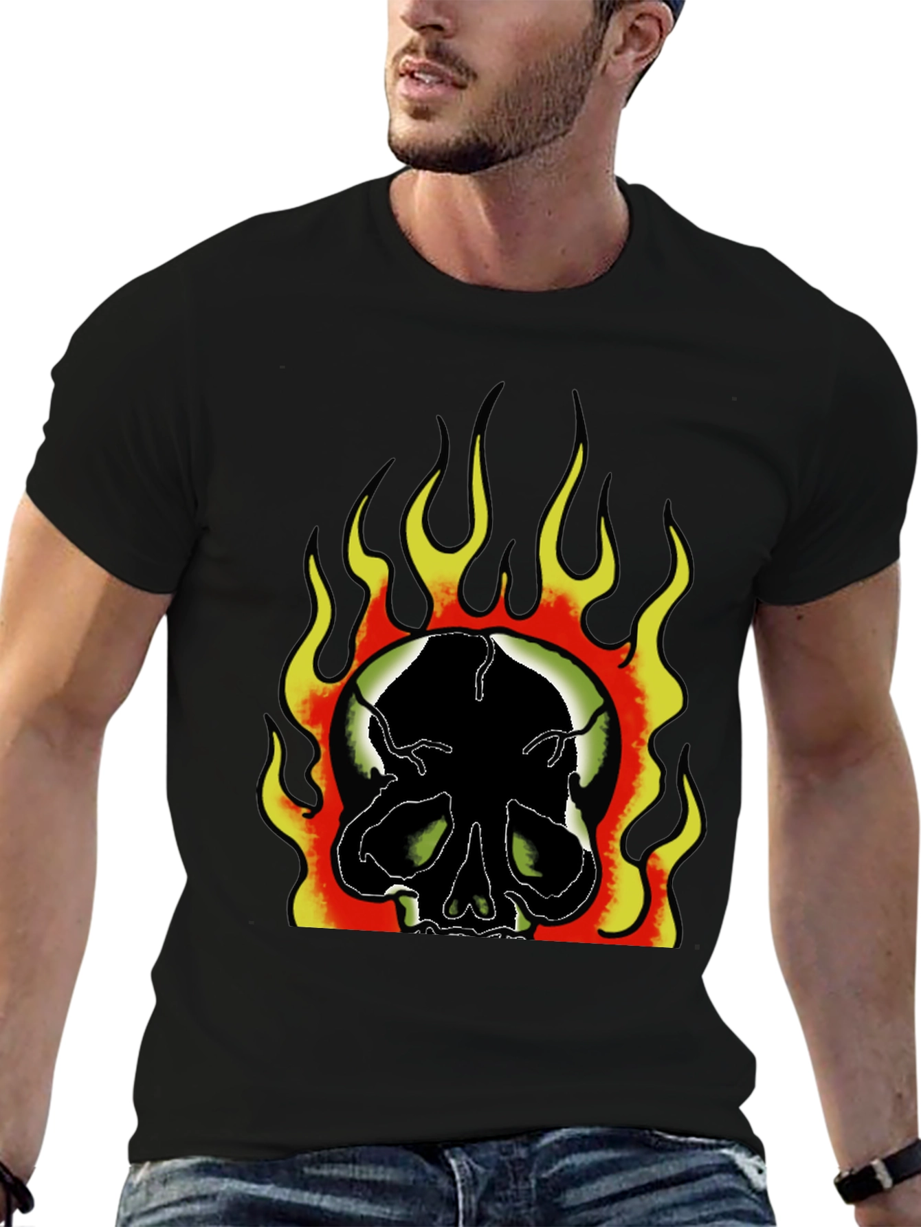 Flaming Skull Graphic Print Mens Black T-Shirt