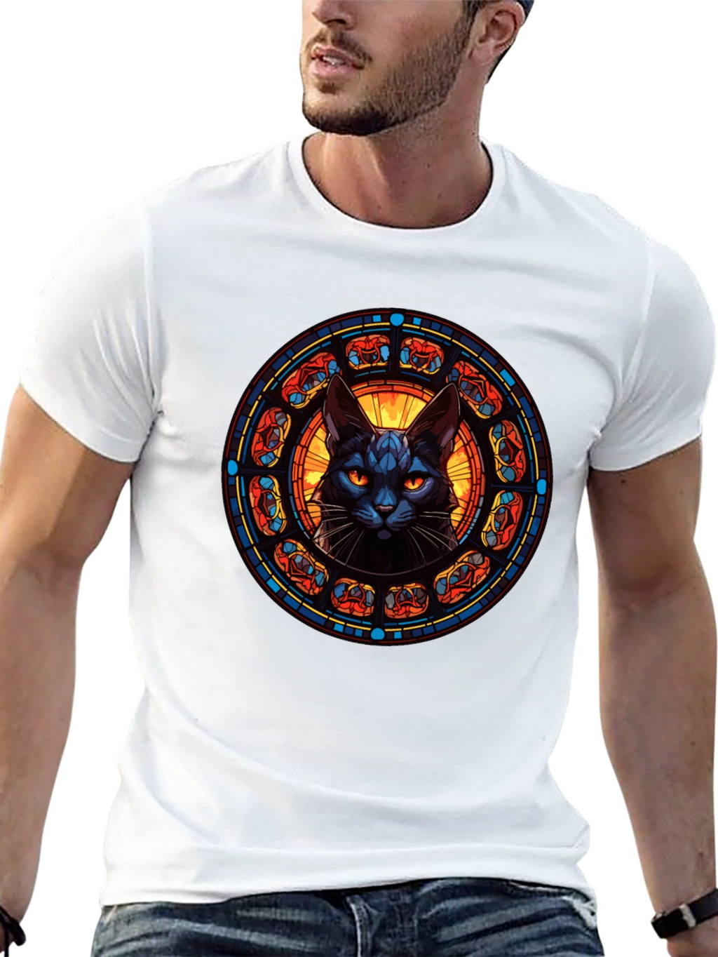 Stained Glass Cat T-Shirt - Gothic Feline Design