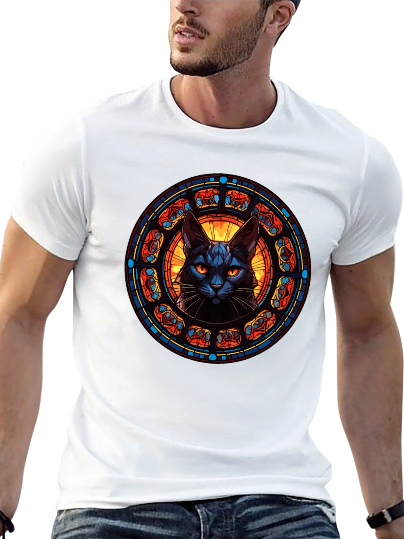 Stained Glass Cat T-Shirt - Gothic Feline Design